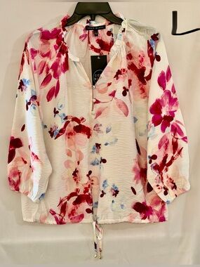 Como Black White Blouse with Pink Floral Print